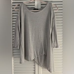 Asymmetric White Open Shoulder Black Pinstripe 3/4 Sleeve Blouse Size Medium